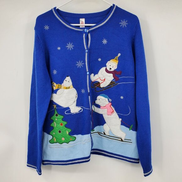Polar Bear Christmas Embroidered Skiing Graphic Button Up Cardigan Sweater Large - Picture 1 of 7
